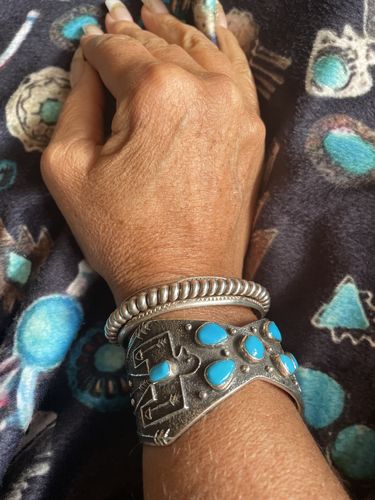 Customer photo review of Sterling Silver Navajo Stamped Turquoise Thunderbird Cuff