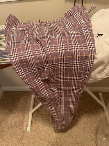 Customer photo review of Purple & Gold Plaid Pants