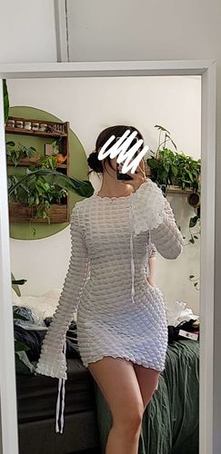 Customer photo review of Hollow out round neck long slit sleeve waffle solid dress