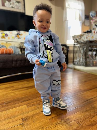 Customer photo review of Kids Anti Social RAW Drip Sky Chenille Hoodie and Jogger Set - Sky Blue Hoodie / Sky Blue Jogger