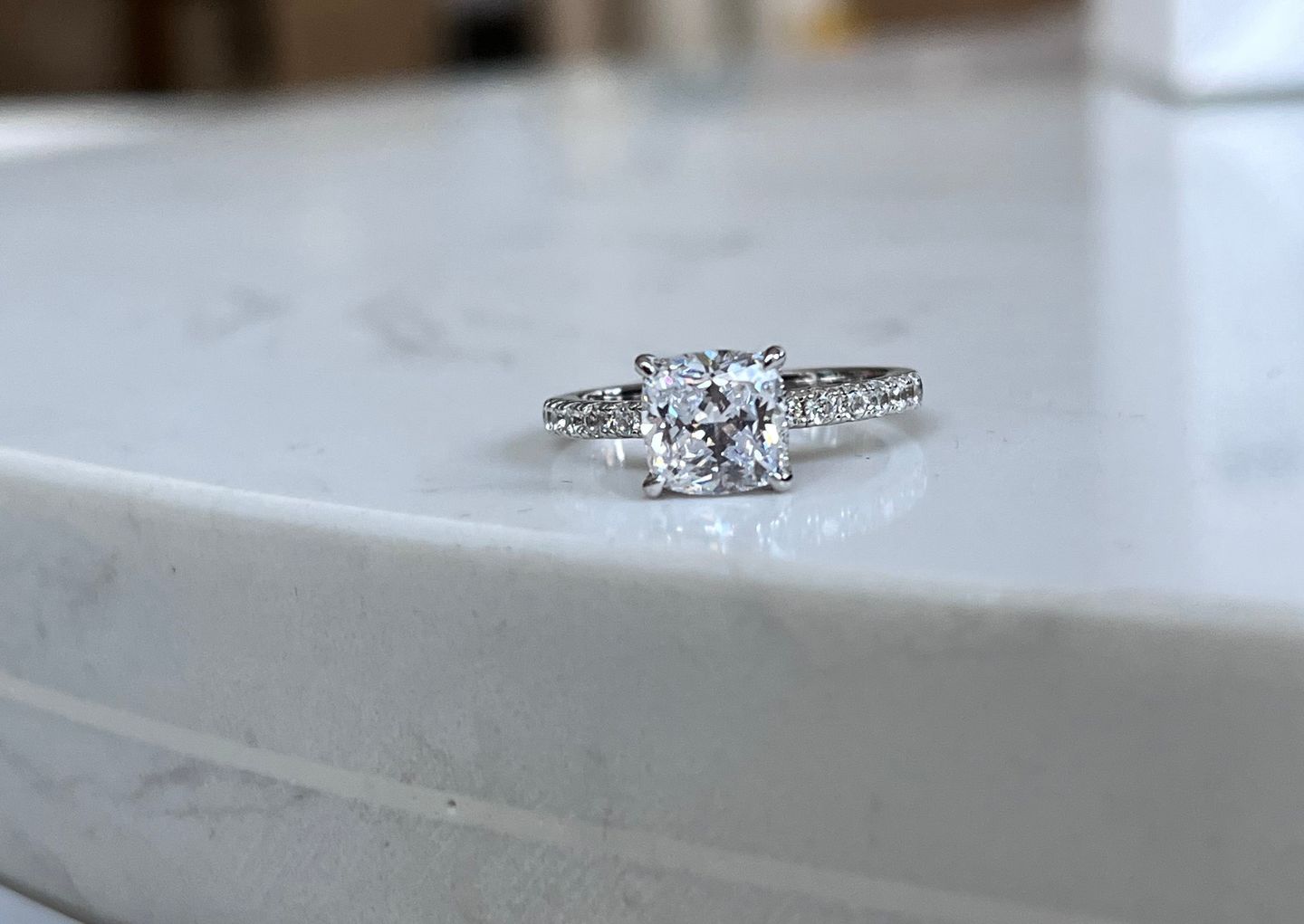 Customer photo review of Louily 2~2.5 Carat Cushion Cut White Sapphire Women's Engagement Ring