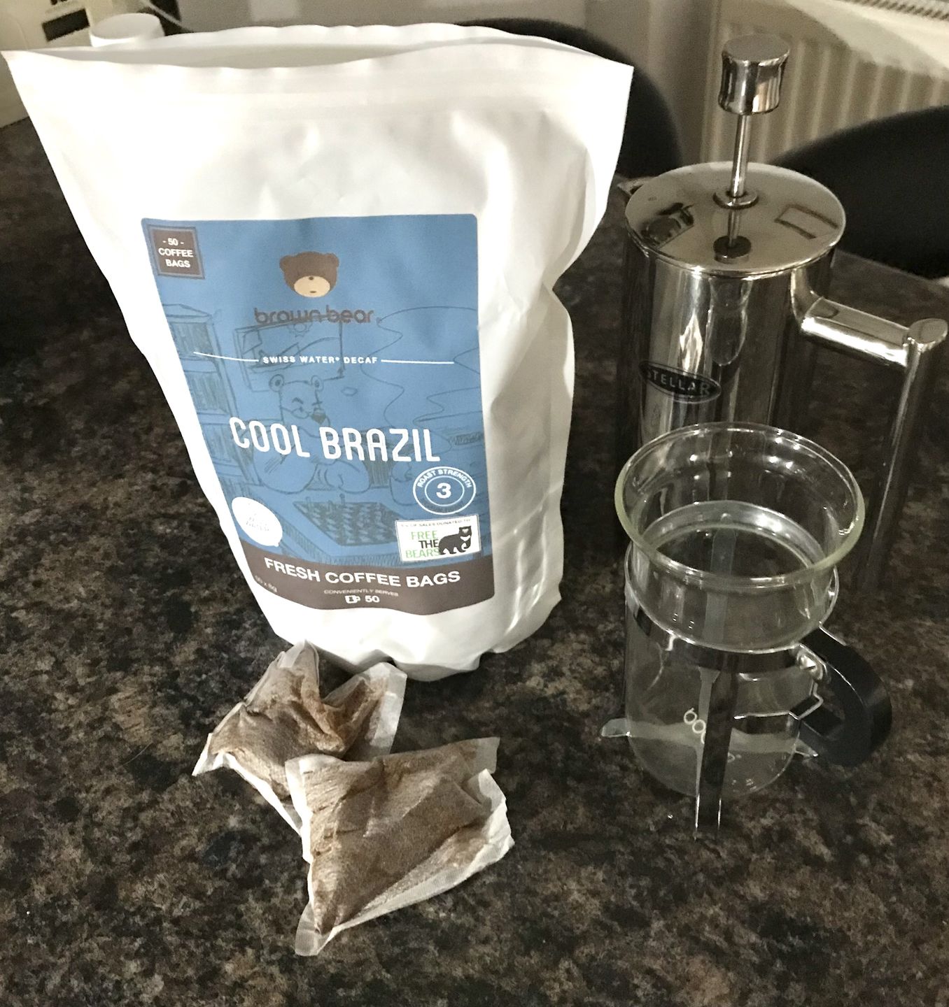 Customer photo review of Cool Brazil Swiss Water Decaf Coffee, Strength 3, Medium Roast