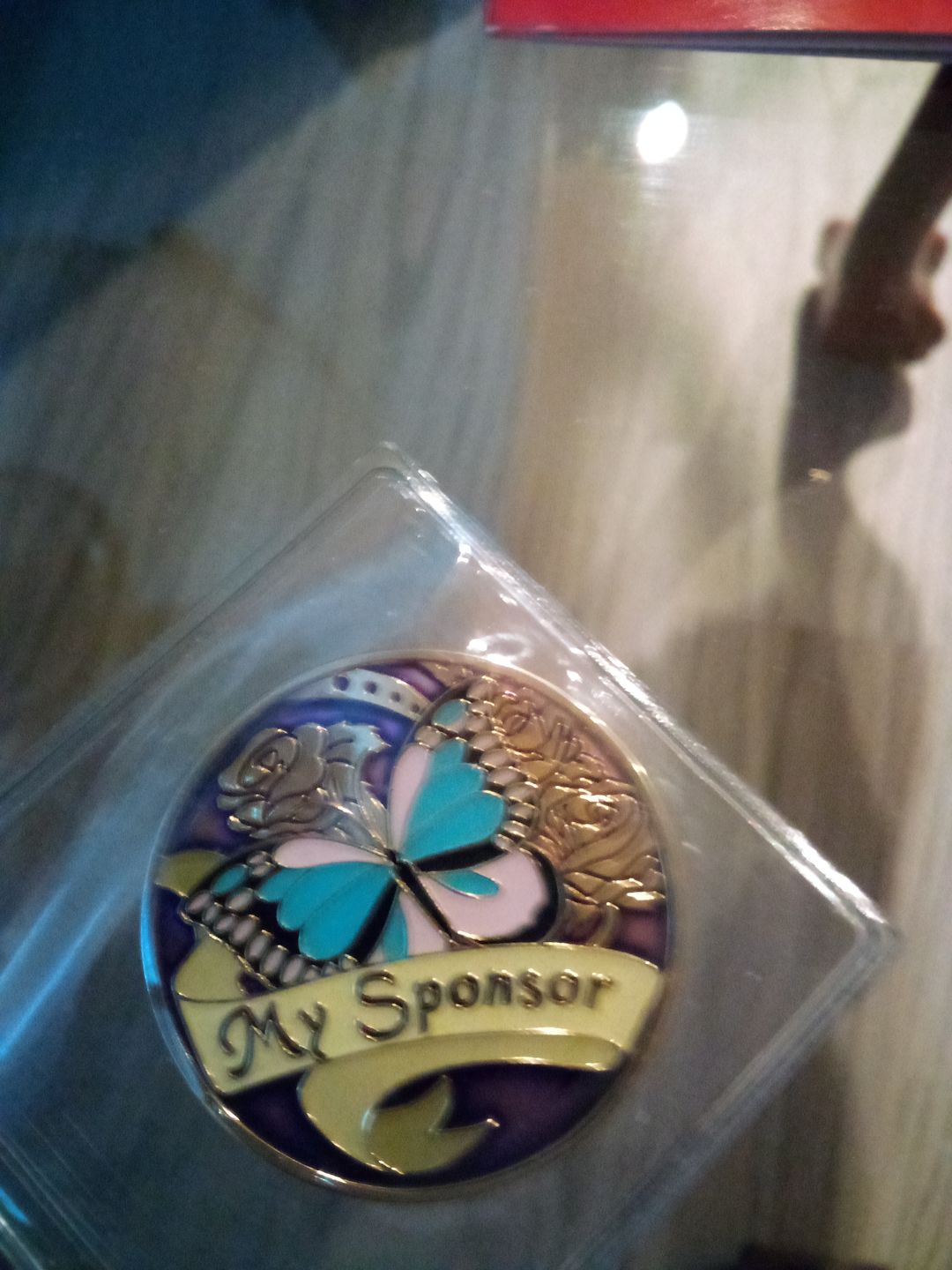 Customer photo review of My Sponsor Specialty Women's AA/NA Butterfly Medallion - Purple/Gold