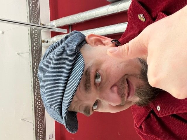 Customer photo review of Striped Denim Newsboy Cap