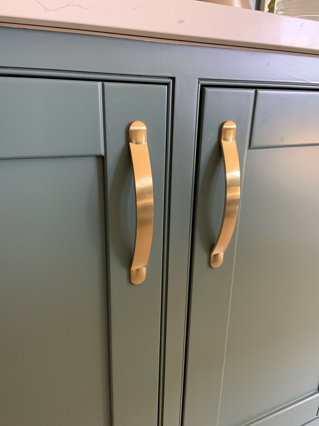 Customer photo review of Monmouth Brushed Satin Brass Cupboard Handles