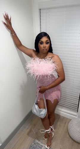 Customer photo review of Rhinestone Girly Fluffy Mini Dress