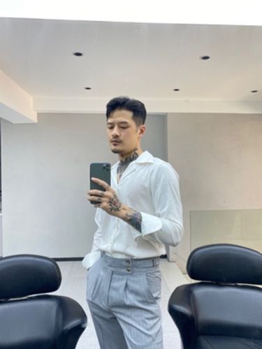 Customer photo review of British Cuban Collar Bamboo Fiber Houndstooth Long Sleeve Casual Shirt