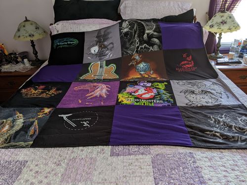 T-shirt quilt with music, horror movies themes by Kathryn  from NY