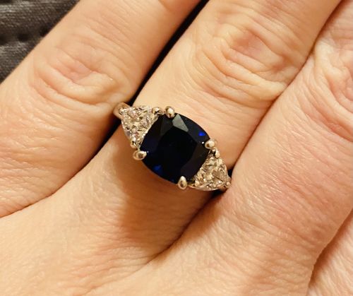Customer photo review of 3-Stone 3ct Simulated Blue Sapphire CZ Ring in Sterling Silver