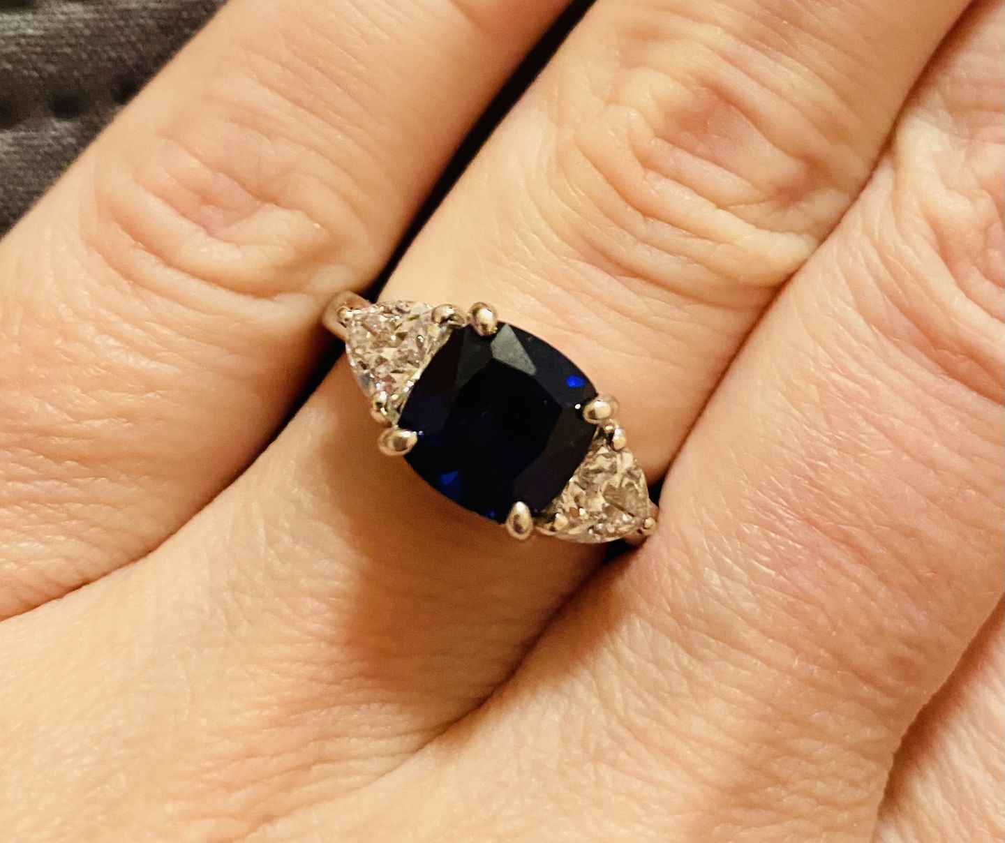 Customer photo review of 3-Stone 3ct Simulated Blue Sapphire CZ Ring in Sterling Silver