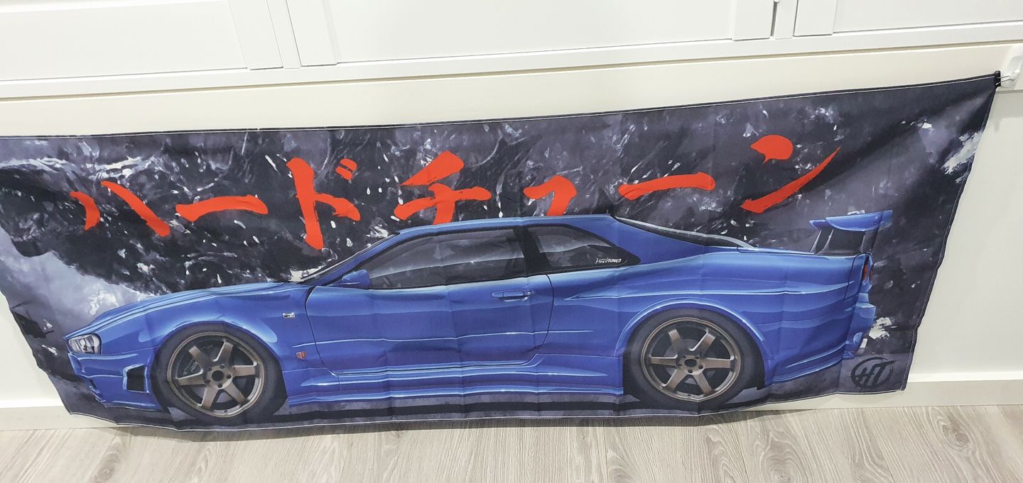 Customer photo review of GODZILLA Edition Nissan Skyline R34 GTR Workshop Flag