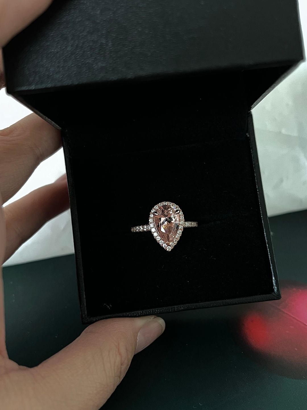 Customer photo review of Louily Rose Gold Halo Pear Cut Synthetic Morganite Engagement Ring