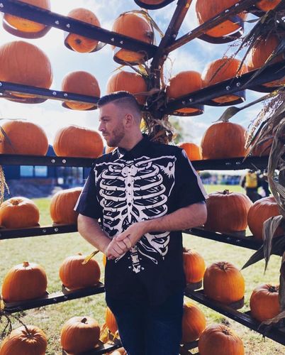 Customer photo review of Men's Skeleton Skull Graphic Costume Art Black Halloween Party Themed Button Up Short Sleeve Shirt