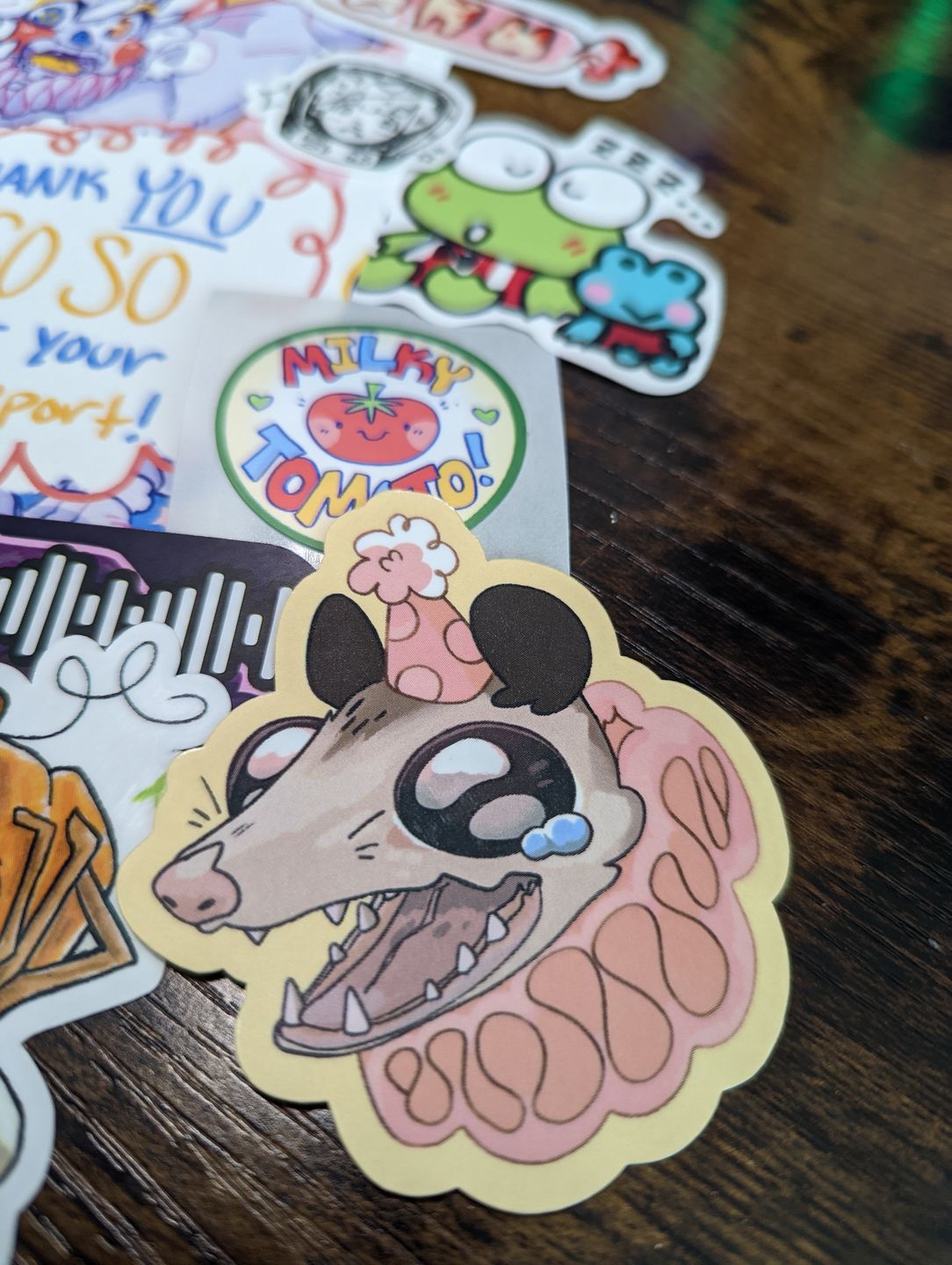 Customer photo review of Sad Party Opossum Stickers!