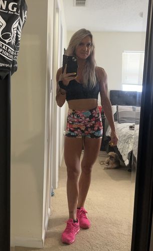 Customer photo review of Salty Savage Ladies High Rise Splice Smile Booty Scrunch Training Shorts | Wet Suit Performance | Hawaiian Flowers