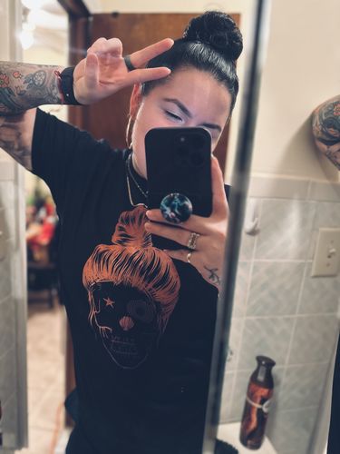 Customer photo review of Salty Savage Unisex Messy Bun Salty Skull Tee | Halloween Vibes | Black