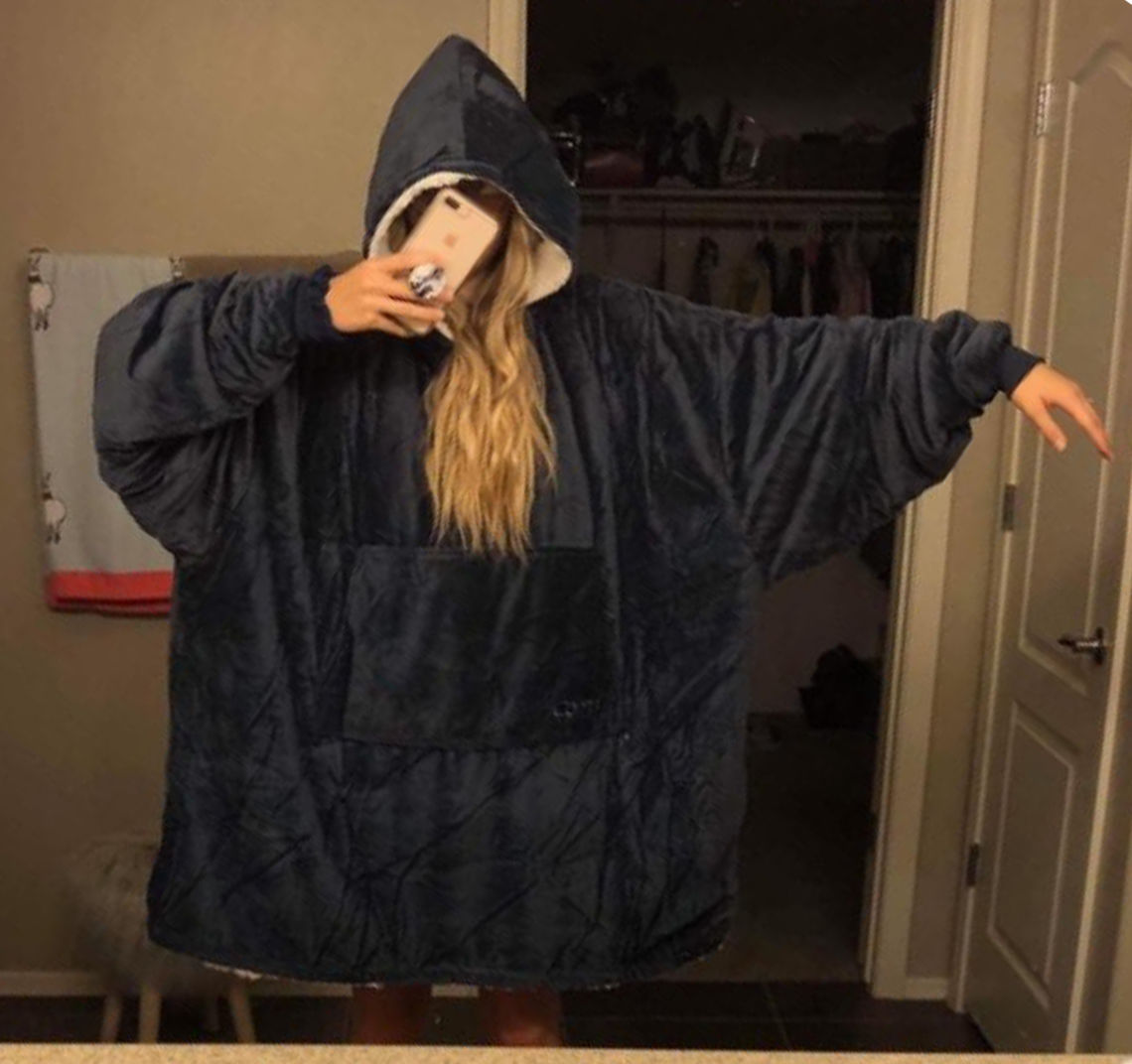 Customer photo review of Plain Black Hoodie Blanket