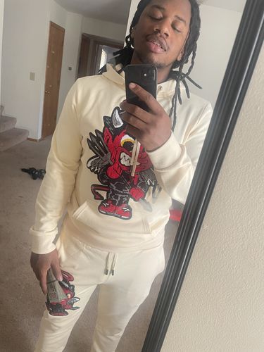 Customer photo review of Men Black Devil RAW Drip Red Chenille Hoodie and Joggers Set - Cream Hoodie / Cream Jogger
