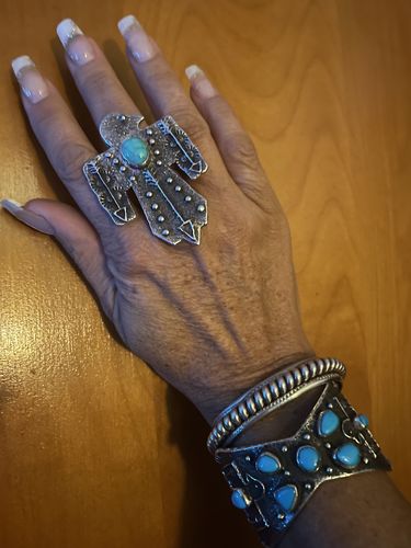 Customer photo review of Navajo Thunderbird Sterling Silver & Kingman Turquoise Adjustable Ring