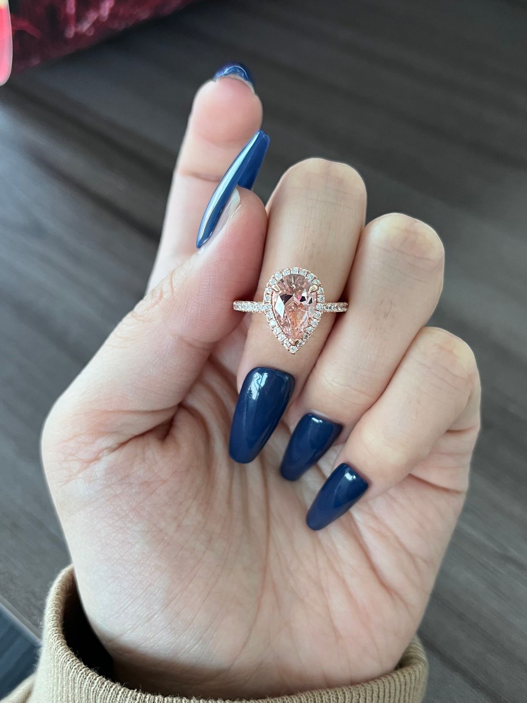 Customer photo review of Louily Rose Gold Halo Pear Cut Synthetic Morganite Engagement Ring