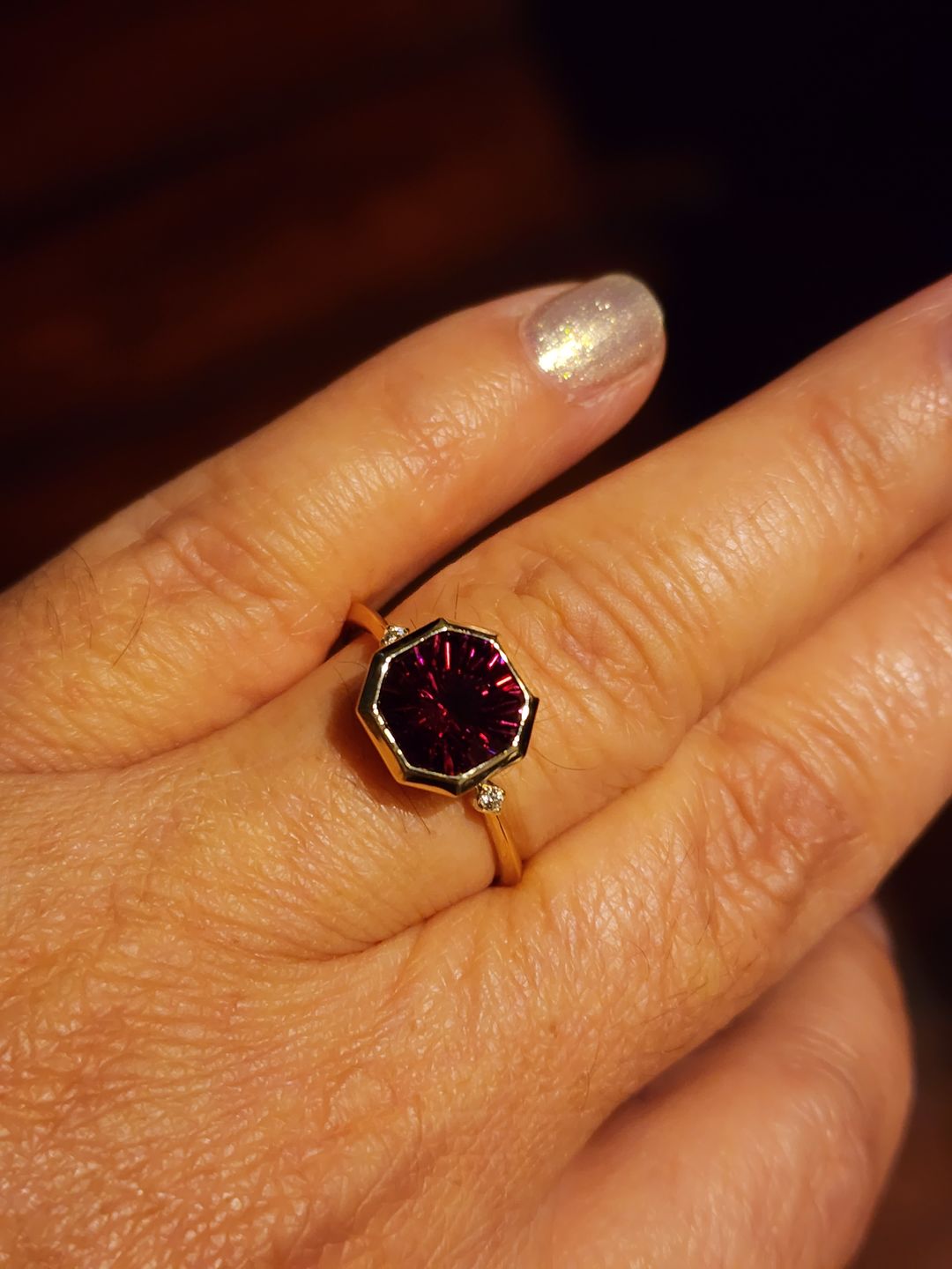 Customer photo review of Custom Listing for Dawn - Garnet and Diamond Yellow Gold Bezel Ring