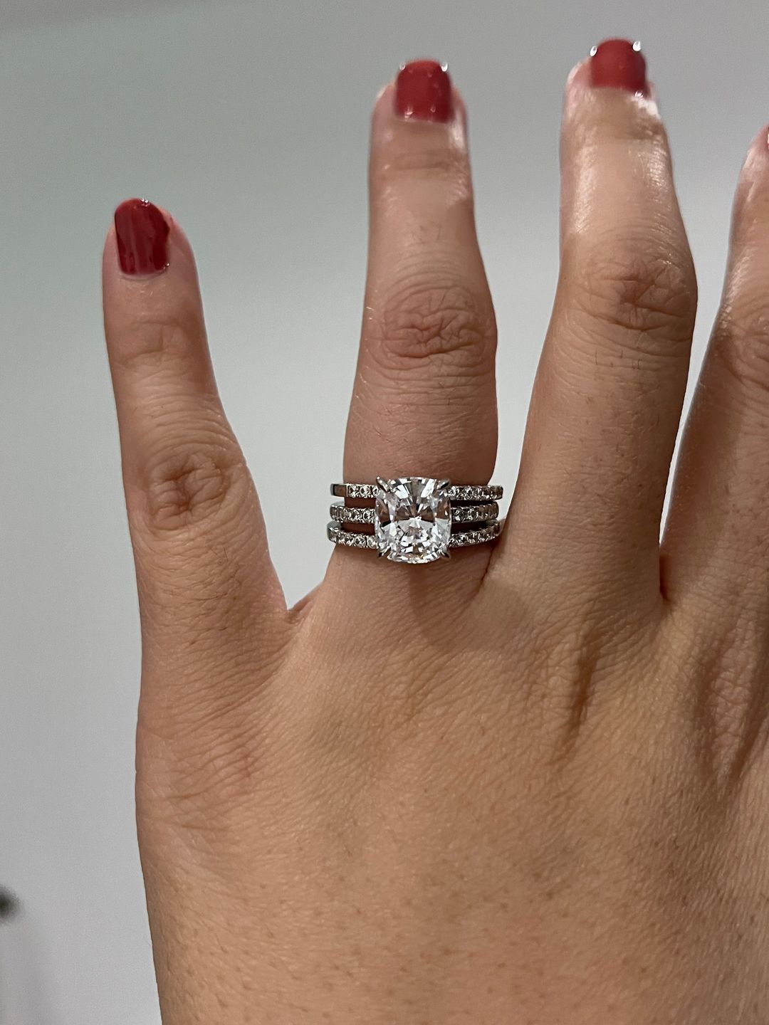 Customer photo review of S925 Classic 3.0 Carat Cushion Cut White Sapphire Wedding Set In Sterling Silver