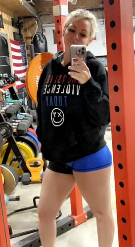 Customer photo review of Salty Savage Ladies High Rise Spliced Training Shorts | Wet Suit Performance | Black/Blue