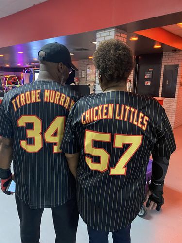 Customer photo review of Custom Black Gold Pinstripe Gold-Red Authentic Baseball Jersey