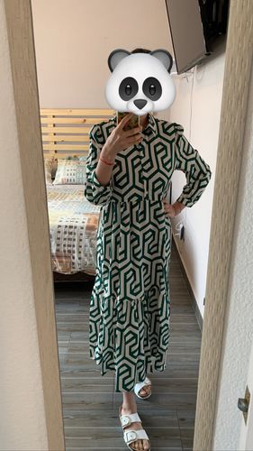 Customer photo review of Women Vintage Geometric Print Pleats Casual Slim Ruffles Midi Shirt Dress