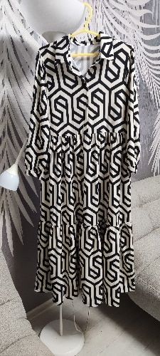 Customer photo review of Women Vintage Geometric Print Pleats Casual Slim Ruffles Midi Shirt Dress