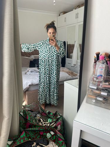 Customer photo review of Women Vintage Geometric Print Pleats Casual Slim Ruffles Midi Shirt Dress