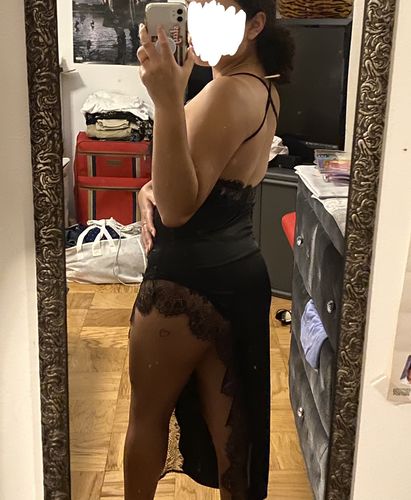 Customer photo review of Hem lace slit satin cross open back dress