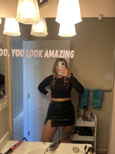 Customer photo review of Faux Leather Front Slit Skirt
