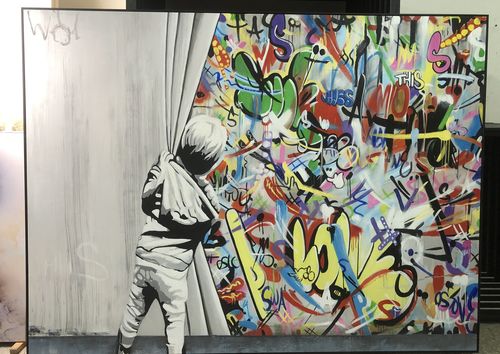Customer photo review of Graffiti Canvas Wall Art Painting "Behind the Curtain" 100% Hand-Painted