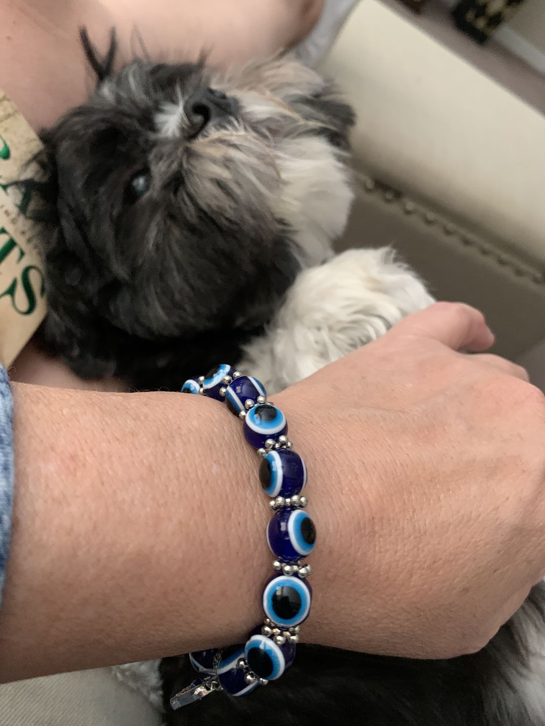 Customer photo review of Blue Hamsa Hand Evil Eye Bracelet