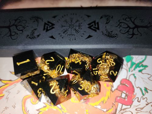 Customer photo review of Sharp Edge Black Goldleaf Resin DnD Dice Set All Number Dice