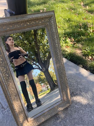 Customer photo review of Nikki Black Mini Denim Skirt (with Skull Belt)