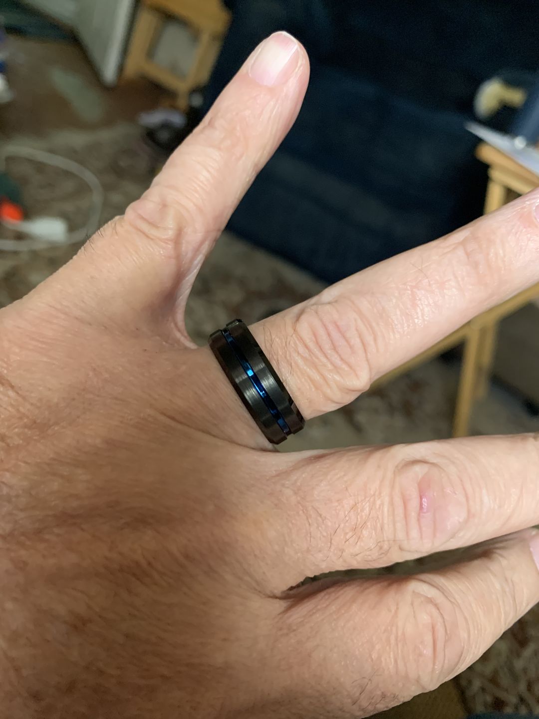 Customer photo review of 8mm - Black Blue Tungsten Carbide Ring - Grooved Beveled Edges - Wedding Band