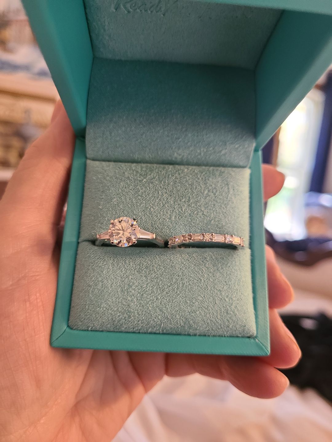 Customer photo review of Alternating Baguette and Round Moissanite Half Eternity Wedding Band