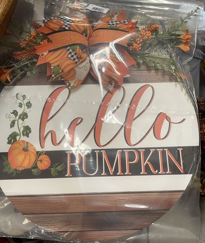 Customer photo review of Wreath Sign, Fall - Hello Pumpkin 18" Wood Round  Sign DECOE-209, DecoExchange, Sign For Wreaths
