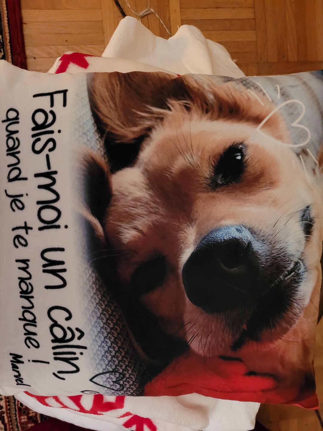Customer photo review of Fais moi un câlin quand je te manque - Coussin personnalisé