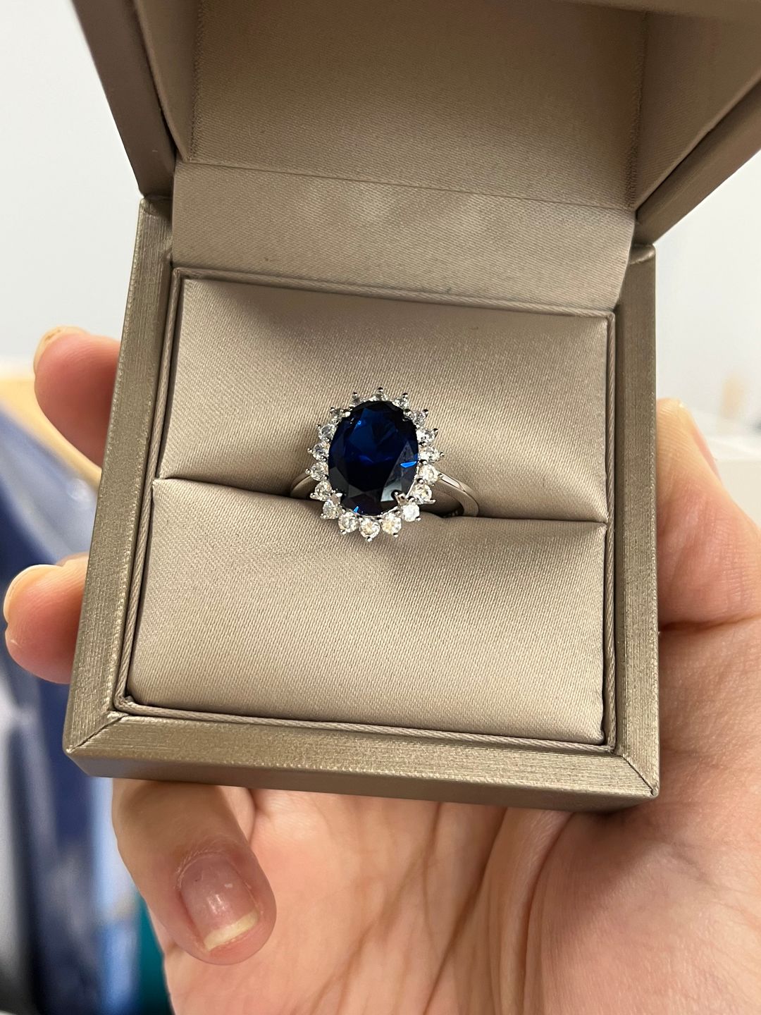 Customer photo review of 4.5 Carat Halo Oval Cut Blue/Red/Green/Yellow Sapphire Engagement Ring In Sterling Silver