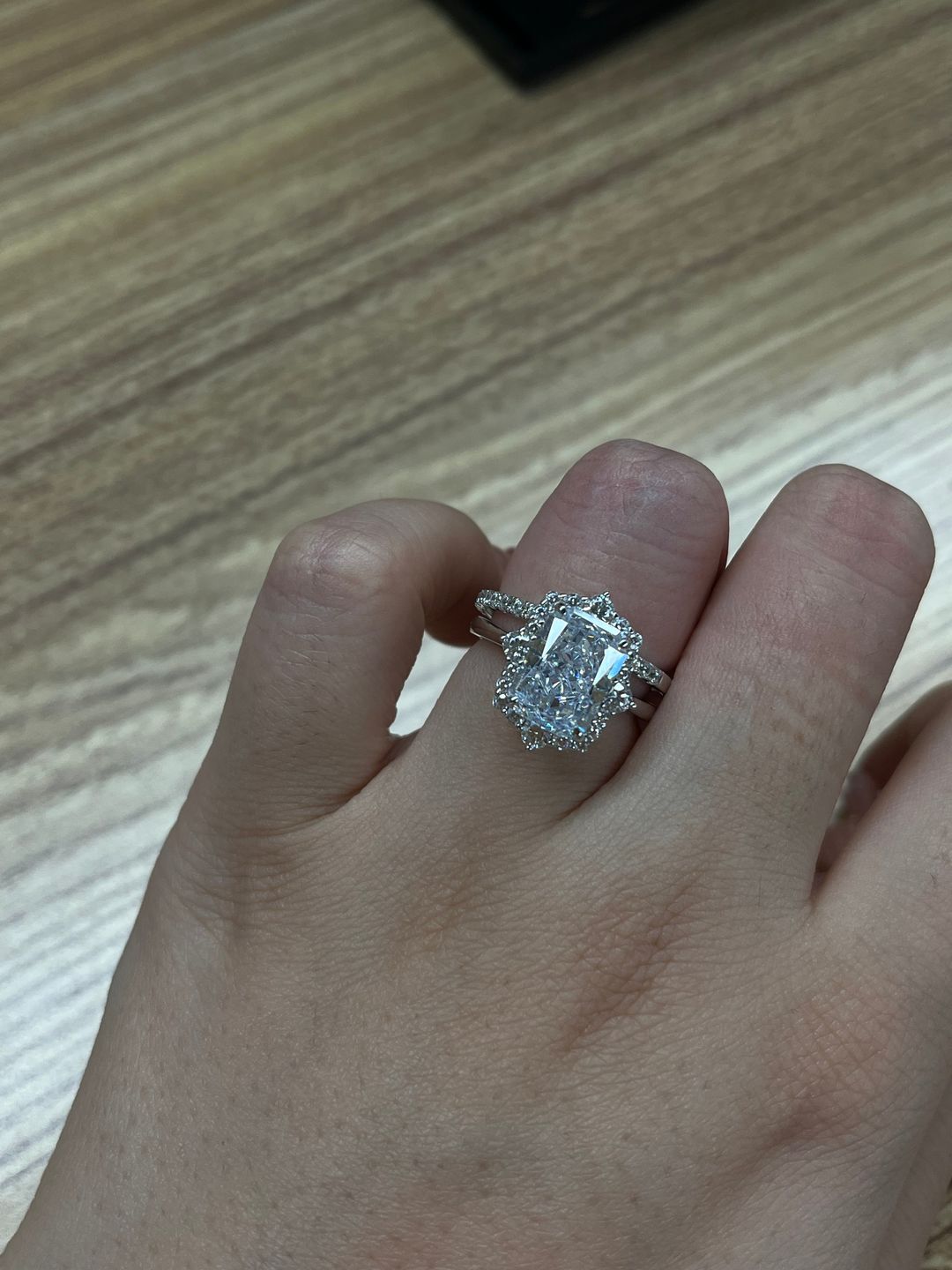 Customer photo review of 8 Ct Louily Luxurious Three Stone Radiant Cut Wedding Set In Sterling Silver