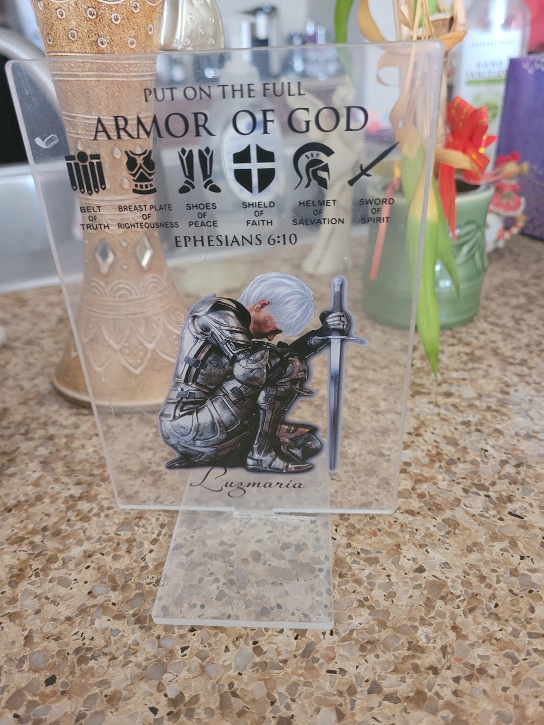 Customer photo review of Personalized Custom Name, Skin Tone And Hairstyles Woman Warrior Of God of God Put On The Full Armor of God Ephesians 6-10 Acrylic Plaque