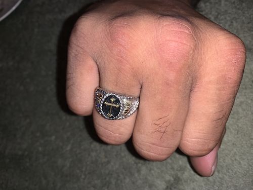 Customer photo review of Men's Sterling Silver Black Hills Gold Latin Cross Ring