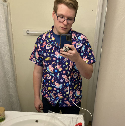 Customer photo review of Astronaut Pixels Outer Space Purple Blue Button Up Shirt