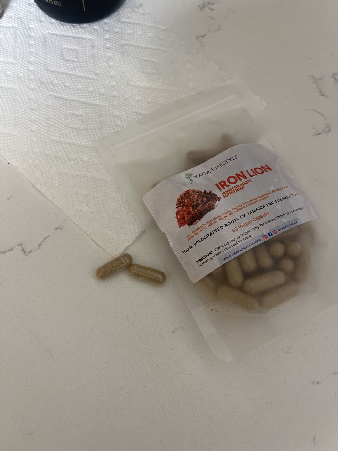 Customer photo review of Iron Lion Capsules | Jamaican Roots Tonic Supplement with Sarsaparilla, Chaney Root (Cocolmeca), Strongback, Allman Strength