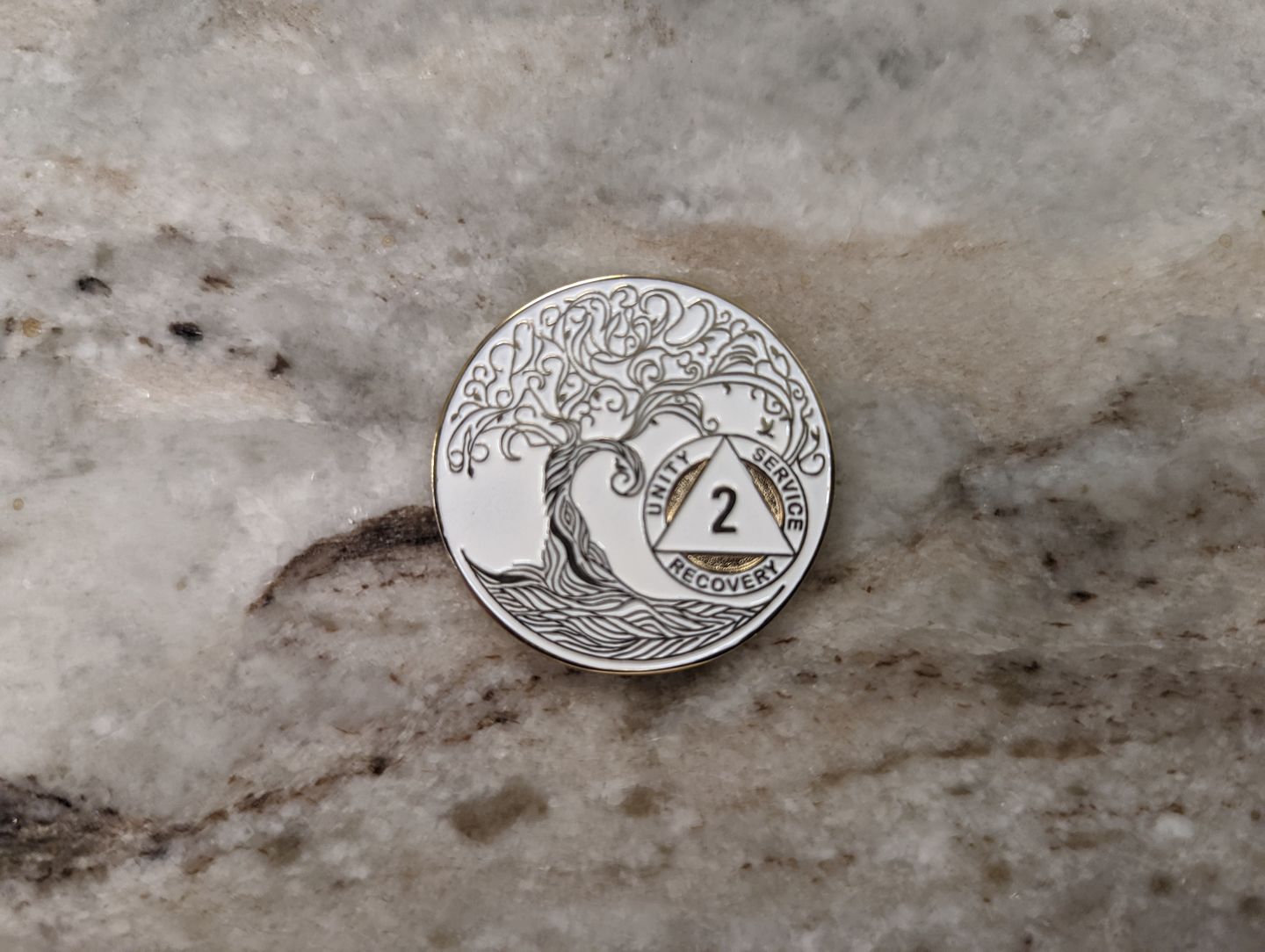 Customer photo review of 2 Year Sobriety Mint Twisted Tree of Life Gold Plated AA Recovery Medallion - Two Year Chip/Coin - White
