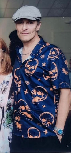 Customer photo review of Men's Orange Skull Print Art Graphic Button up Short Sleeve Aloha Hawaiian Shirt
