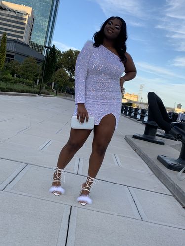 Customer photo review of Sequined Party Fluff Shoulder Mini Dress